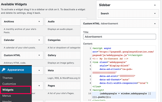WordPress AdSense - WordPress Custom HTML Widget
